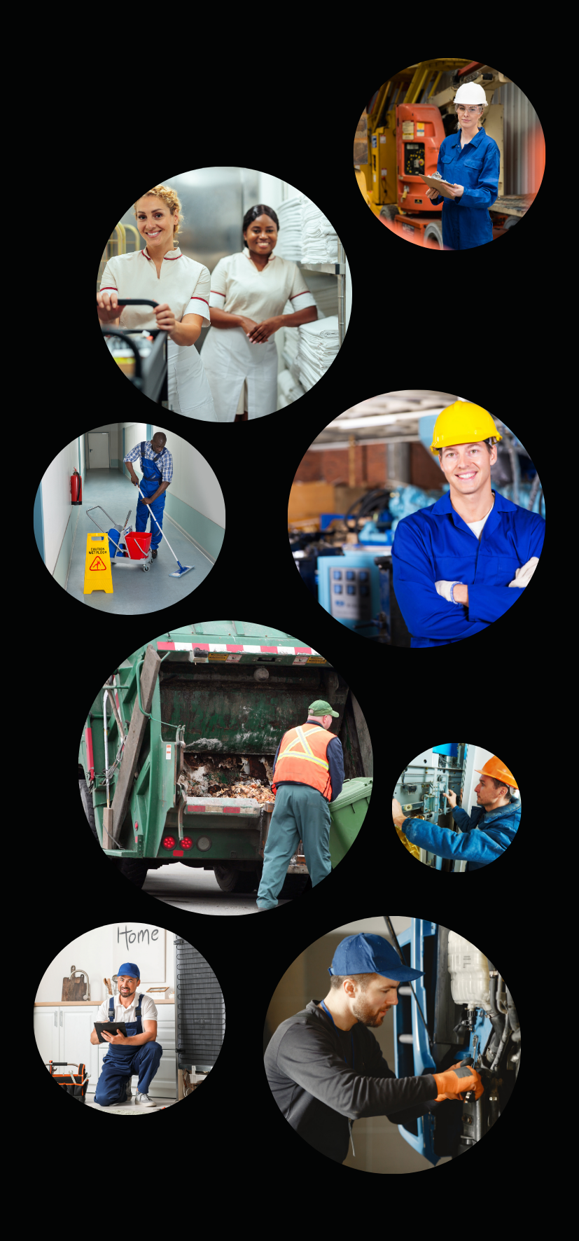 Collage of blue-collar workers across cleaning, laundry, waste, and maintenance trades